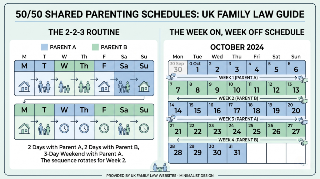 A calendar graphic showing different 50/50 shared parenting schedules like the 2-2-3 routine and week-on week-off in the UK.