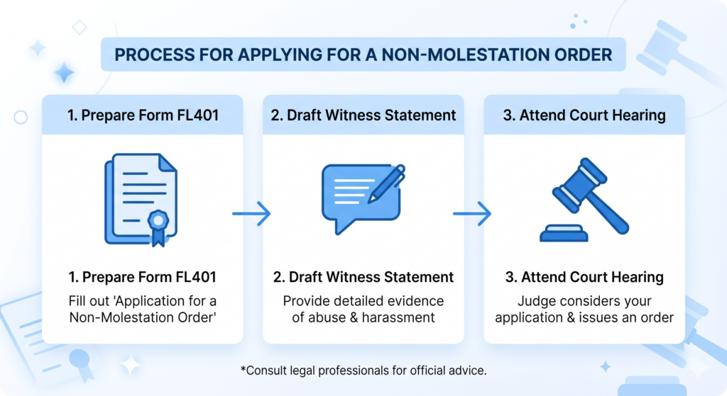Infographic showing the 3-step application process for a Non-Molestation Order in the UK.