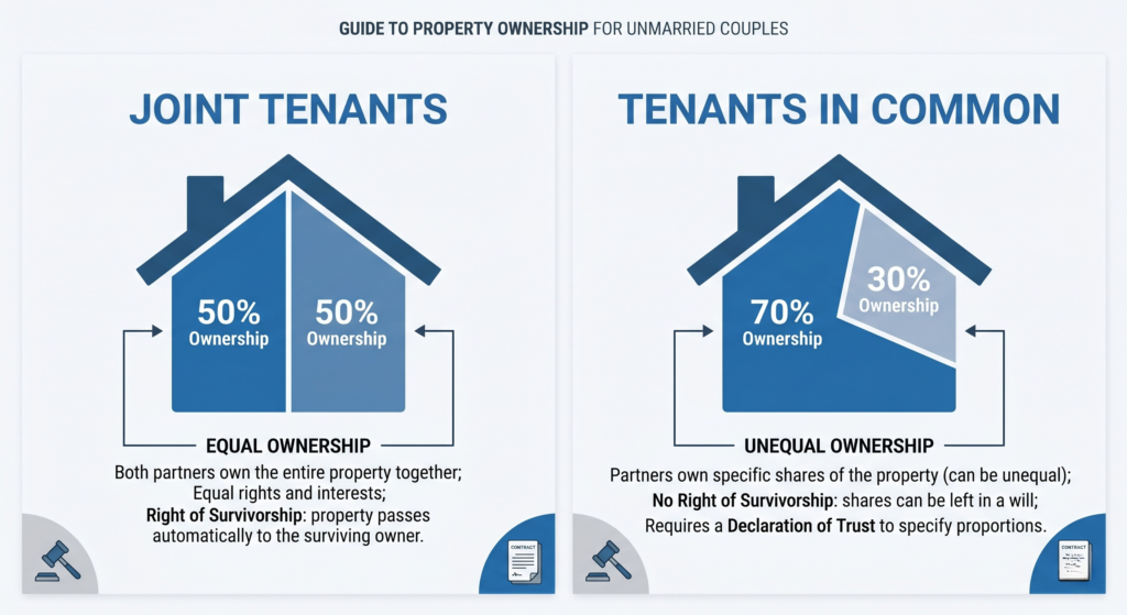 Infographic comparing Joint Tenants and Tenants in Common property ownership.