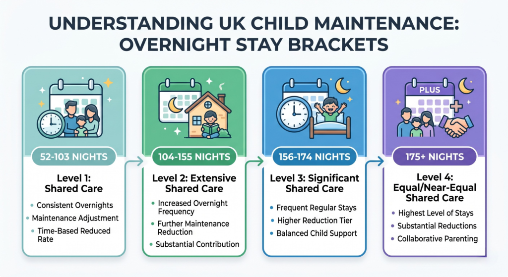 Visual guide representing how overnight stays and shared care impact child maintenance reduction percentages in the UK.