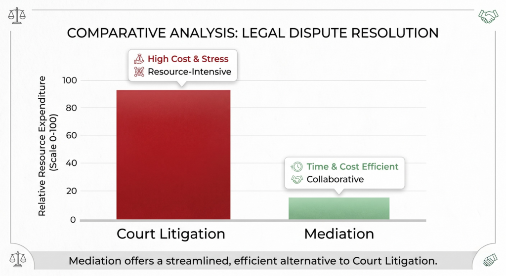 Bar chart comparing high costs of court litigation vs affordable costs of family mediation.