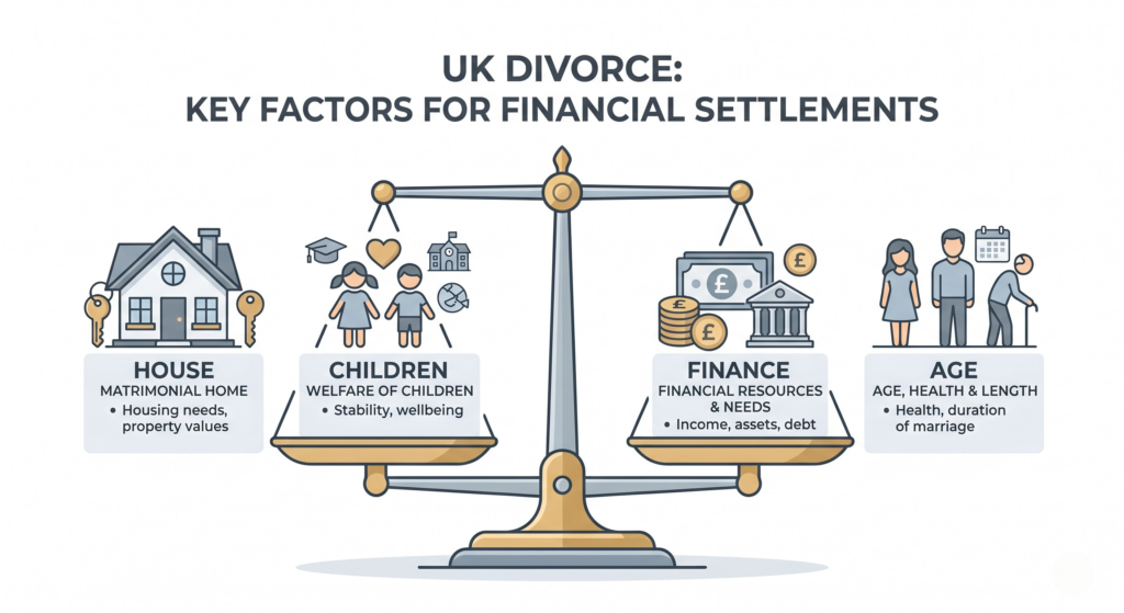 Infographic showing factors considered by UK family courts during divorce property division.