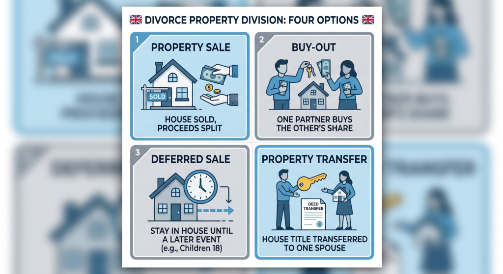 Grid showing four common legal outcomes for the family home during divorce in the UK.