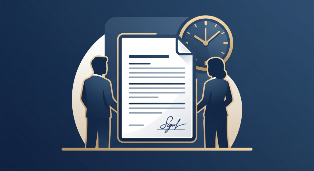 Illustration showing two witnesses present together to legally sign a Will document in the UK.