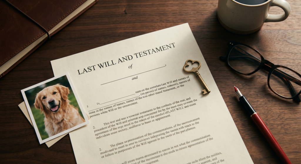 A desk with a legal document, a pet photo, and house keys, representing items and conditions to avoid placing in a UK Will.