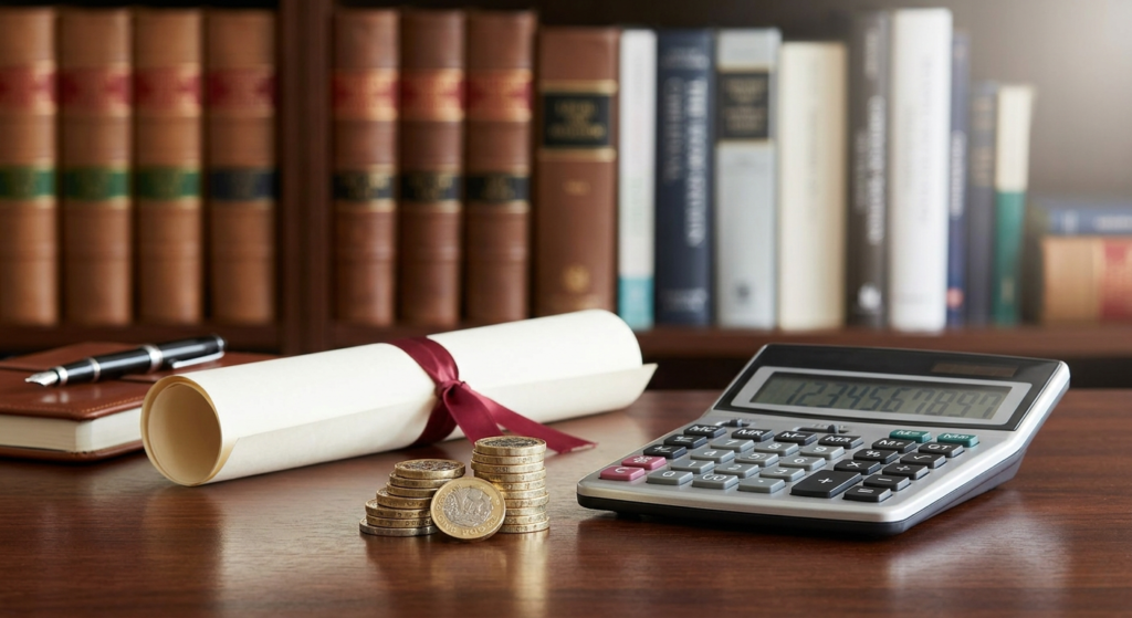 British Pound coins and a calculator next to a legal document, representing the costs of writing a Will with a UK solicitor.