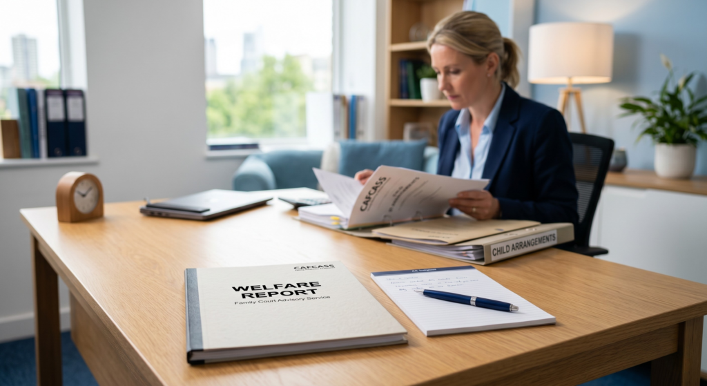 A professional reviewing a welfare report in a neutral office setting during a CAFCASS consultation.