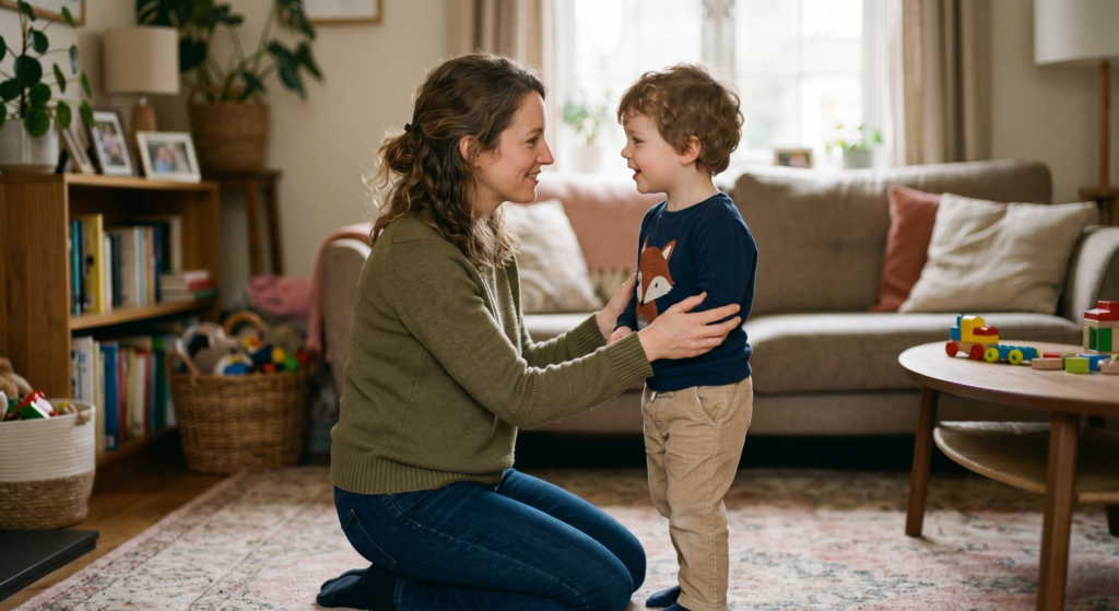 A mother making eye contact and listening to her son, illustrating emotional connection and the 7-7-7 parenting rule.