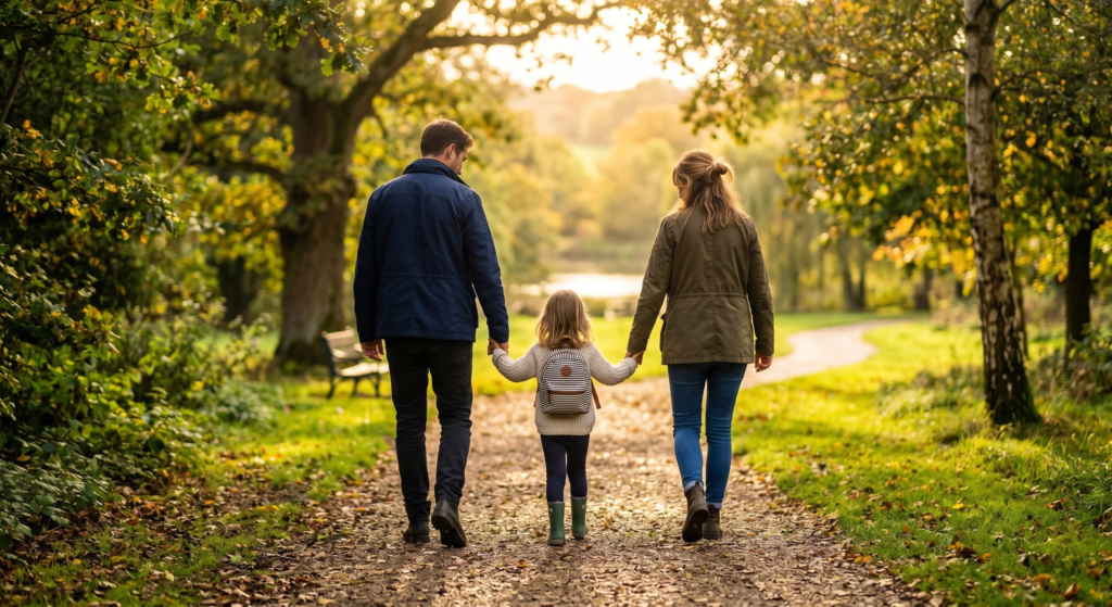 A young child holding parents' hands walking in a park, representing the importance of naming legal guardians in your Will.