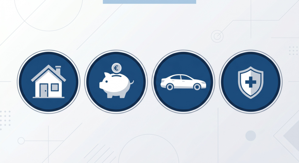 A visual checklist showing icons of a house, finances, and assets protected under a UK cohabitation agreement.