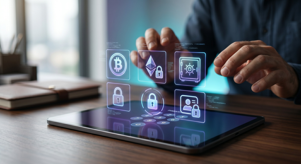 A tablet screen showing digital lock icons, representing the challenge of accessing digital assets like crypto and online accounts after death.