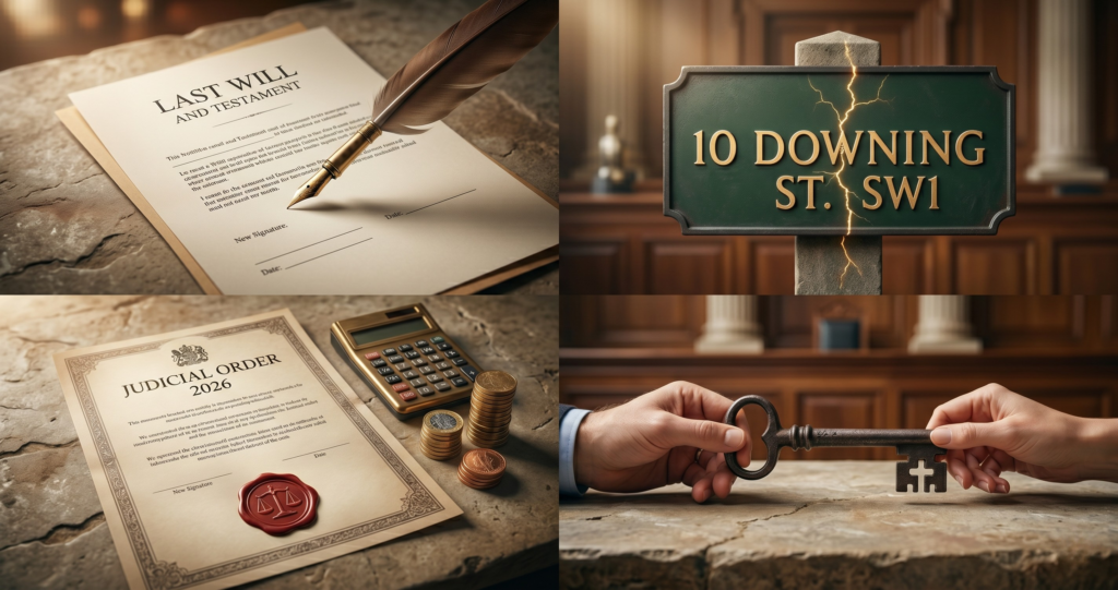 A grid of four stylized legal icons: a quill pen on a Will, a split address sign, an order document with a calculator and coins, and a key held by two separate hands.