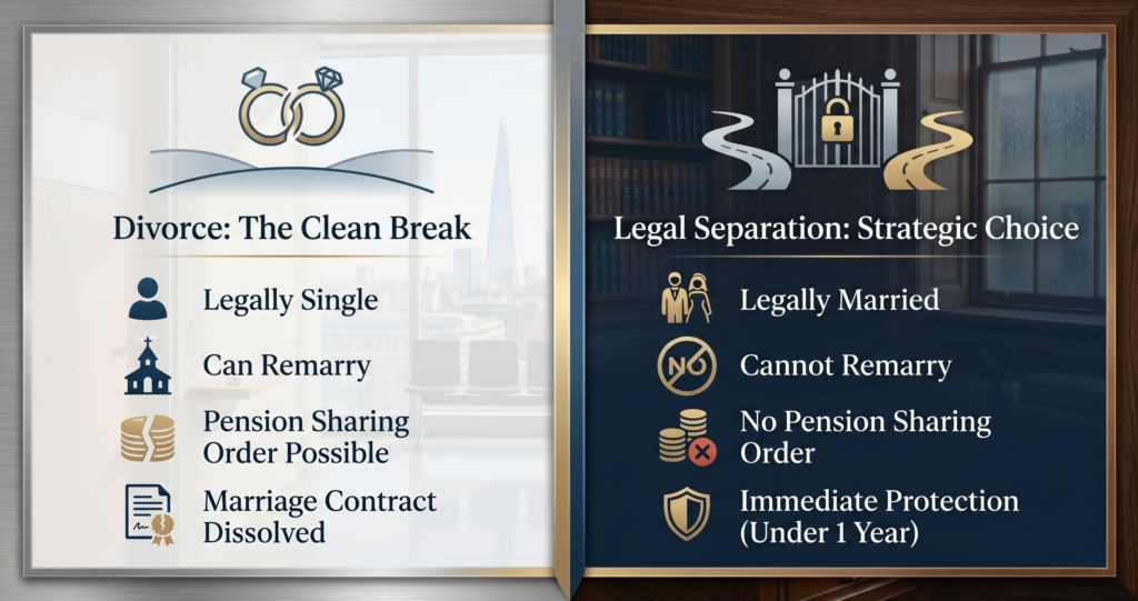 A visual infographic contrasting Divorce and Legal Separation. Divorce shows a split ring with 'Clean Break,' 'Can Remarry,' 'Pension Sharing Possible.' Legal Separation shows separate paths and a locked gate with 'Strategic Choice,' 'Cannot Remarry,' 'No Pension Sharing.