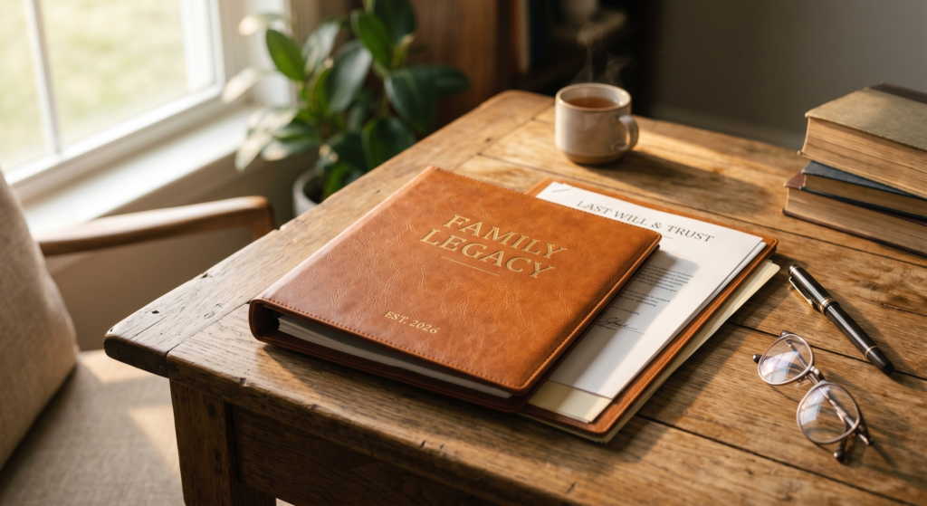 Organized family legacy documents on a desk, representing secure estate planning