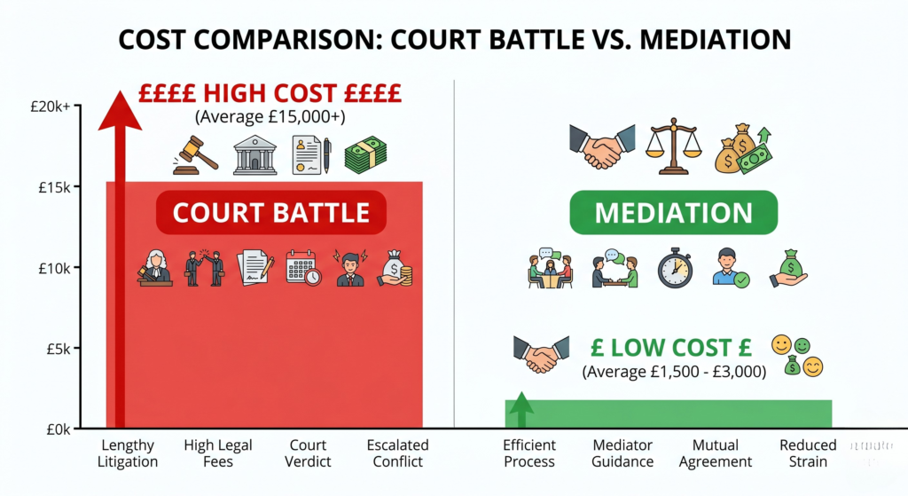 Cost comparison chart showing savings of family mediation vs court battles in UK.