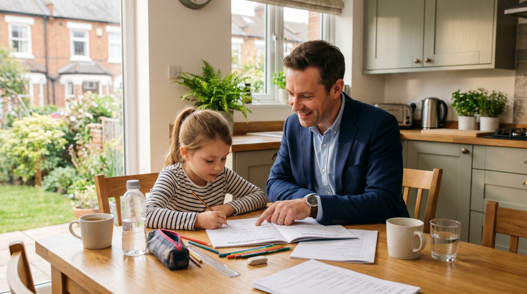 A dedicated father helping his child with school homework, demonstrating a stable home life for a child arrangements order in the UK.