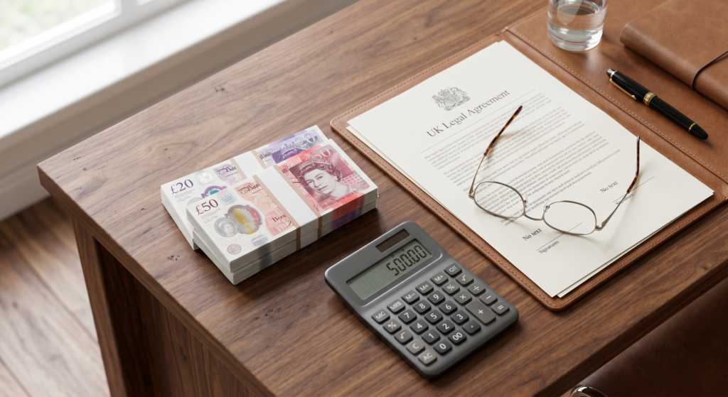 British pound notes and legal papers representing the UK government five hundred pound mediation voucher scheme.