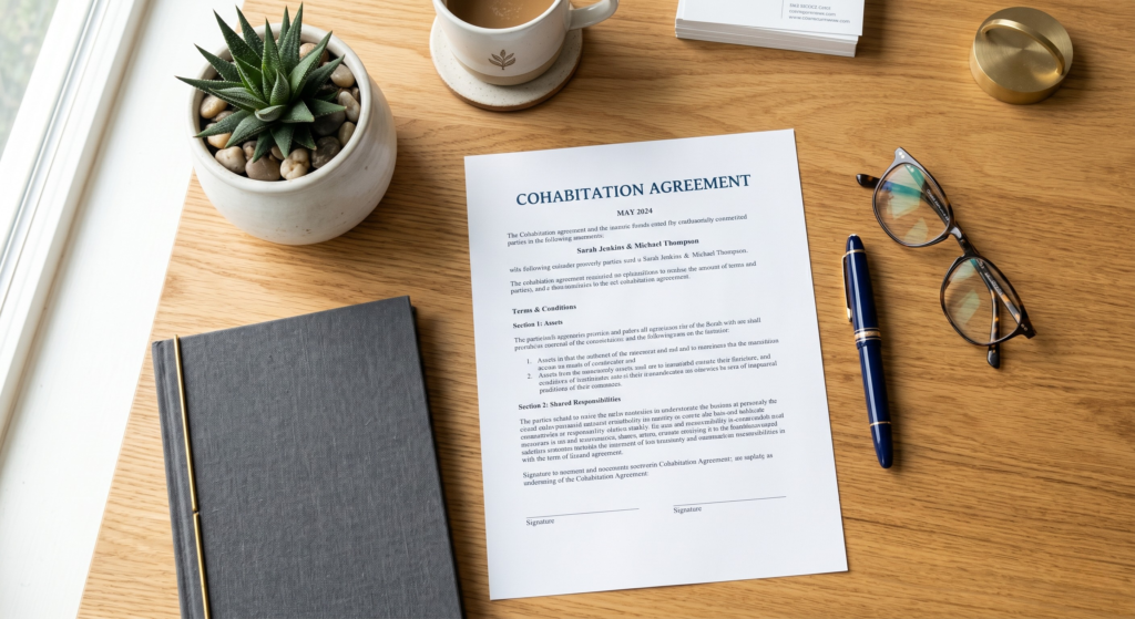 A neat desk with a Cohabitation Agreement document and a fountain pen, symbolizing the legal safety net unmarried couples need to protect their future.