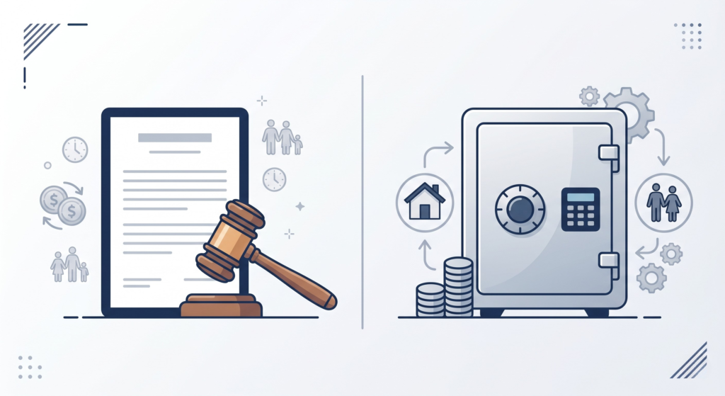 Infographic illustration comparing a Living Trust and a Will, showing the differences in probate avoidance and active asset management in the UK.