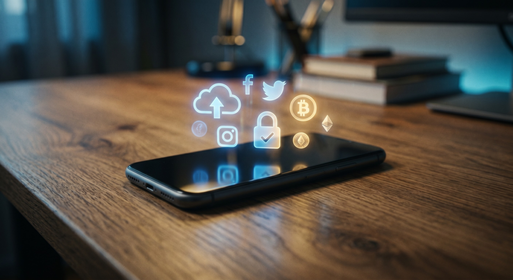 A smartphone with glowing digital icons representing social media, cloud data, and cryptocurrency, illustrating digital legacy planning.
