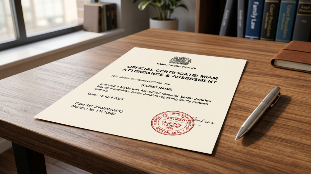 An official MIAM certificate document lying on a desk, which is required for submitting family court applications in the UK.