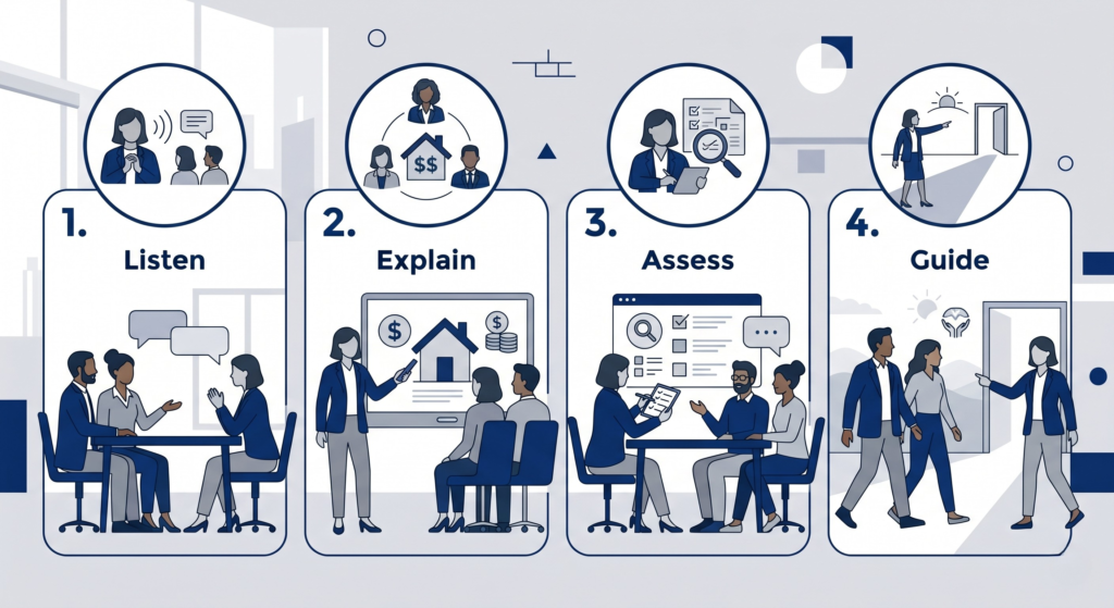 A visual illustration showing the four key steps of a MIAM session: listening, explaining, assessing, and providing guidance.