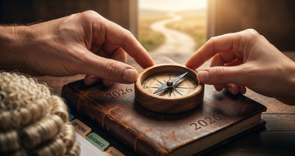 A close-up view of a small wooden compass on a worn leather journal from 2026. Two hands adjust the needle pointing toward a sunlit path, symbolizing the power of making an informed legal choice.