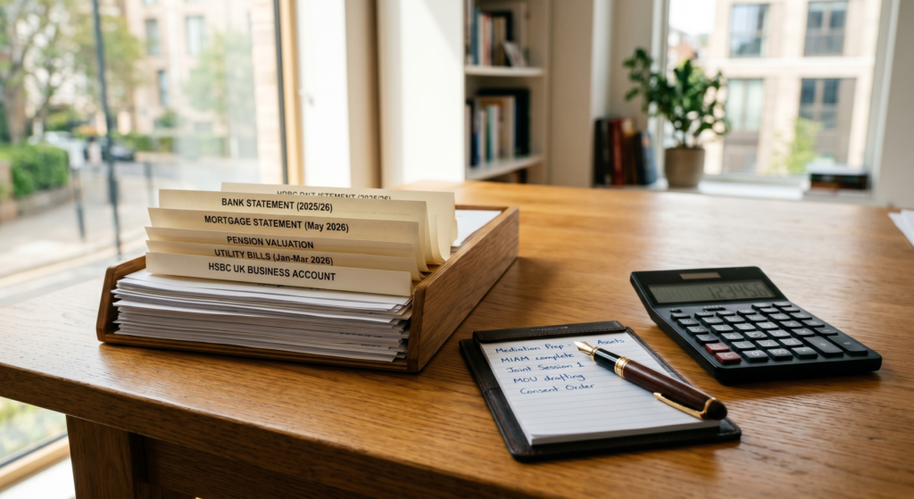Person organizing financial documents for mediation session.