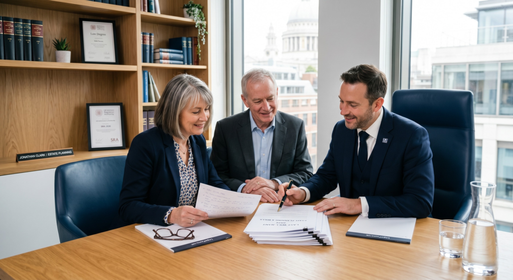 Couple consulting with a solicitor about estate planning and Wills in the UK.