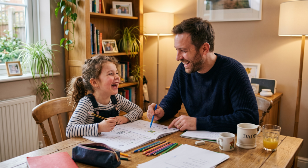 A father helping his daughter with homework, representing shared care routines and active parenting in the UK.