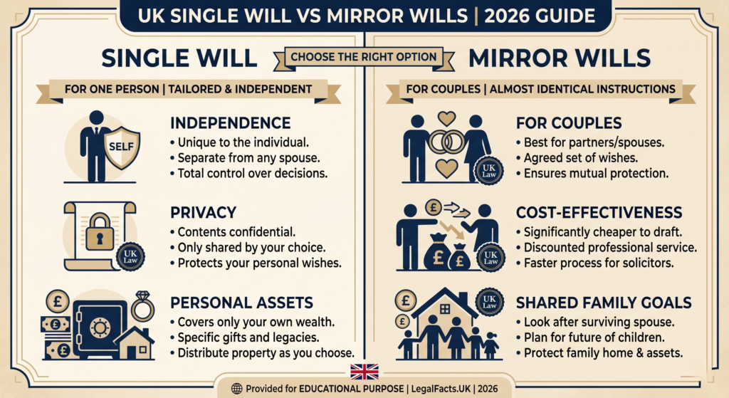 Infographic comparing features of Single Wills versus Mirror Wills for UK estate planning.