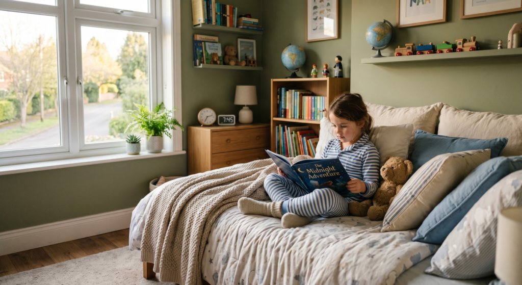 A child reading comfortably in their bedroom, representing the stability and set routine of sole residency.