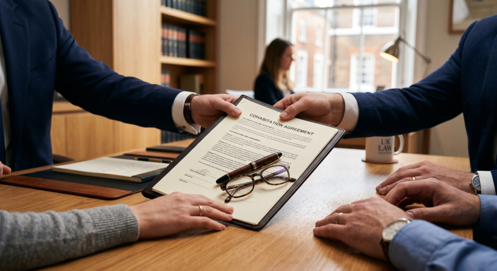 A professional solicitor handing over a cohabitation contract to an unmarried couple for signing across a wooden desk.