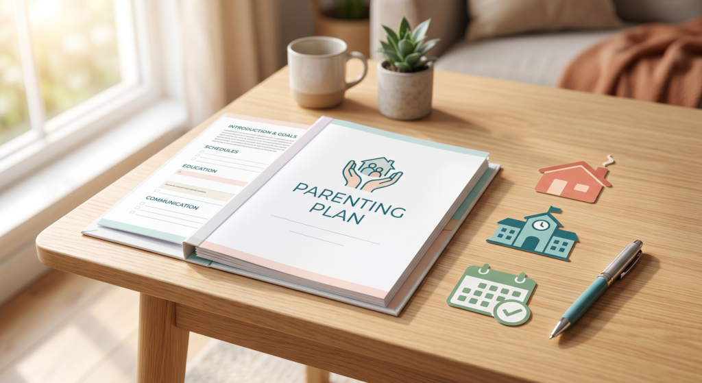 A structured parenting plan document with icons representing school, home, and schedule planning.