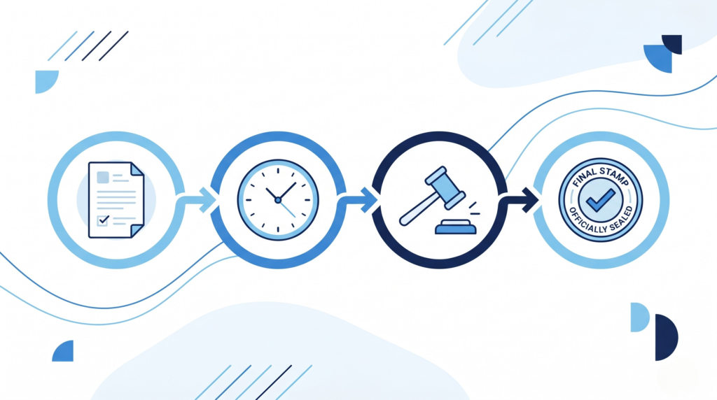 A visual infographic timeline showing the four main stages of the UK divorce process: application, reflection period, conditional order, and final order.
