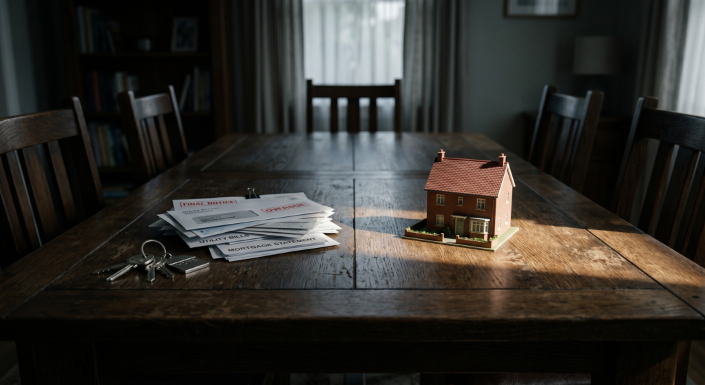A conceptual image showing house keys and bills on a table, representing the financial struggles and lack of asset division rights for common law partners in the UK