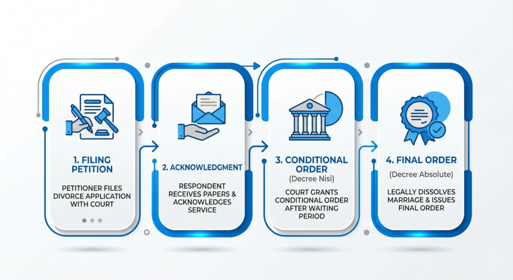 Flowchart showing the four stages of the divorce process in England and Wales.