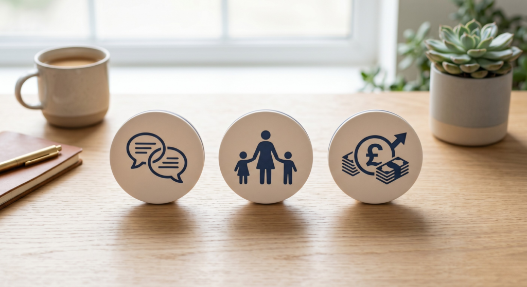 Key considerations of divorce: Communication, Children, and Financial settlement.