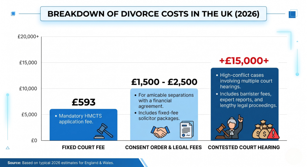 Infographic chart showing the comparison between affordable consent orders and expensive contested divorce court hearings in the UK.