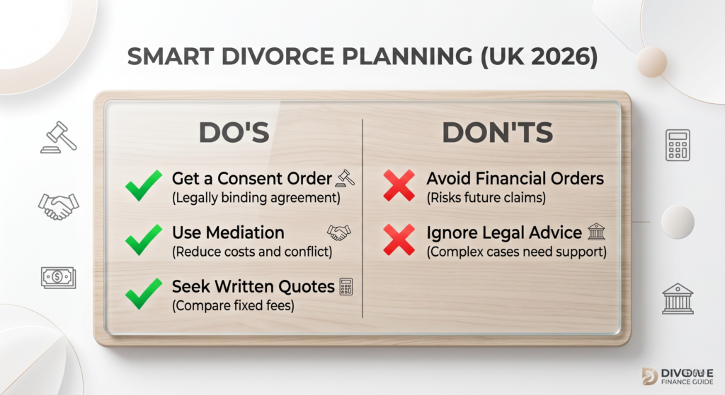 A checklist of important do's and don'ts for couples navigating the financial aspects of divorce in England and Wales.