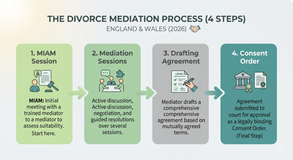 A flowchart illustrating the step-by-step mediation process for couples divorcing in the UK to save on legal costs.
