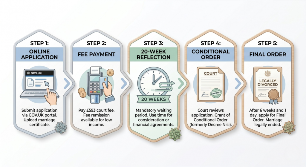 A 5-step infographic explaining the legal timeline for a DIY divorce in the UK, from online application to the final order.