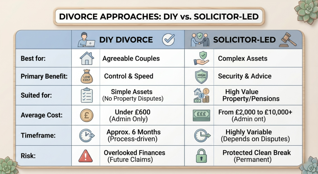 Comparison chart showing when to choose a DIY divorce versus hiring a solicitor for complex financial matters in the UK.