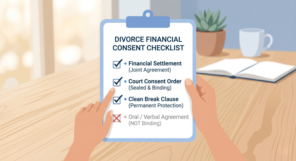 A checklist graphic highlighting the importance of a Financial Consent Order for a secure divorce settlement in the UK.