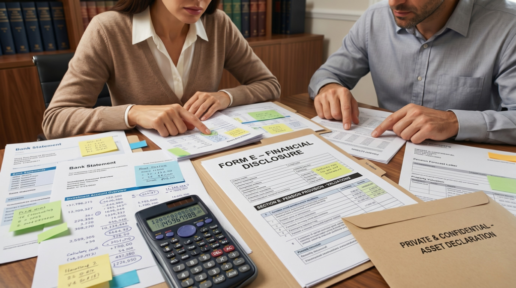 Couple filling out Form E financial disclosure form with calculator and bank statements on table for UK divorce settlement.