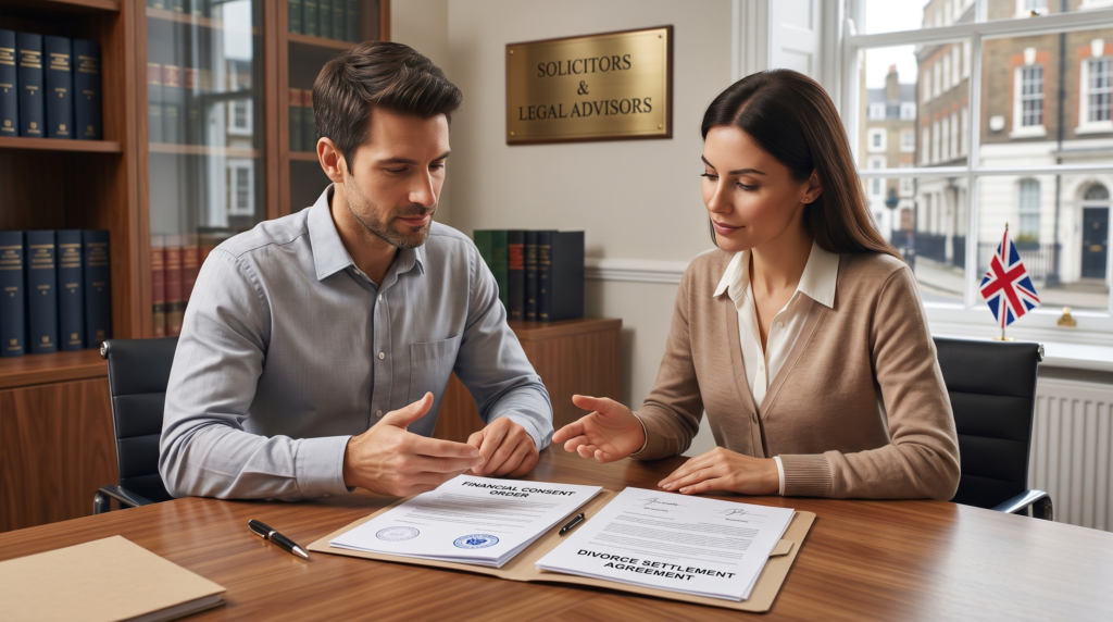 Legal professional submitting a financial consent order document for judge's approval in a UK court setting.