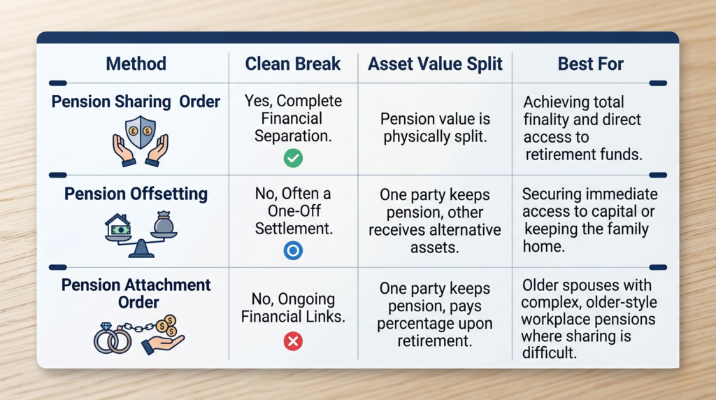 Comparison table showing the three main methods of pension splitting on divorce in the UK