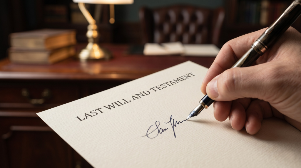 A person signing a Last Will and Testament document with a fountain pen, representing the legal requirements for a valid Will in the UK.