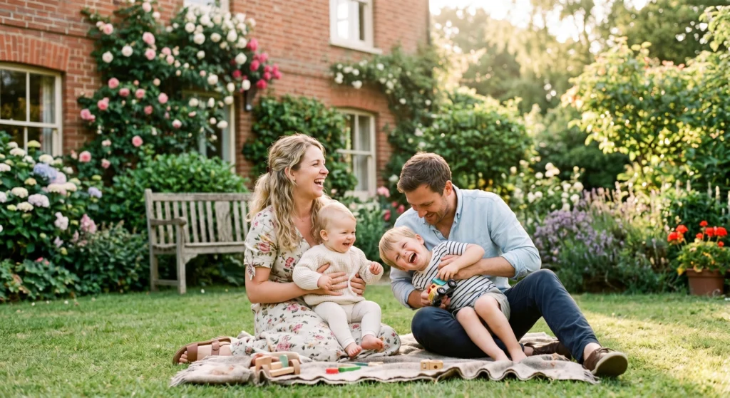 A happy family enjoying quality time together in a beautiful backyard garden.