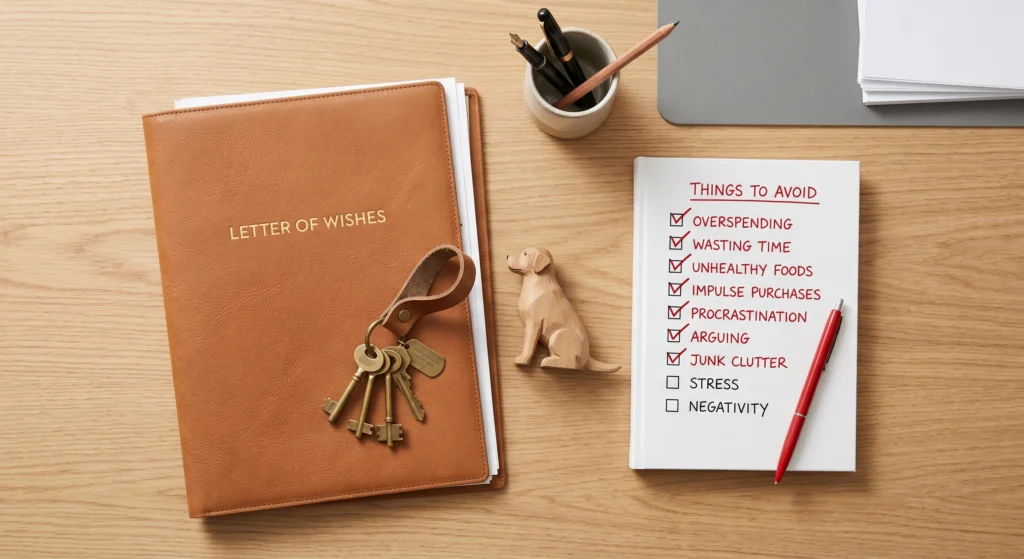 An organized desk flat lay showing a 'Letter of Wishes' folder, keys, a pet figurine, and a marked checklist